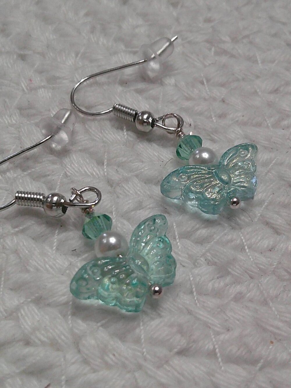 Whimsical TEAL GLASS BUTTERFLY with PEARL & CRYSTAL Handmade Silver Earrings 38F